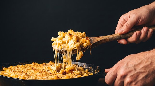 Person serving creamy macaroni and cheese with melted cheese pull from cast iron skillet