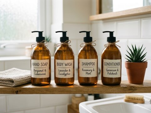 Minimalist Soap Dispensers On A Clean Bathroom Shelf, Promoting Hygiene And Self-Care.