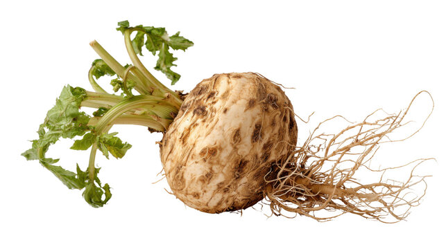 Fresh celeriac root vegetable with green leaves stem and long tangled roots attached showing organic farm produce texture isolated on white background