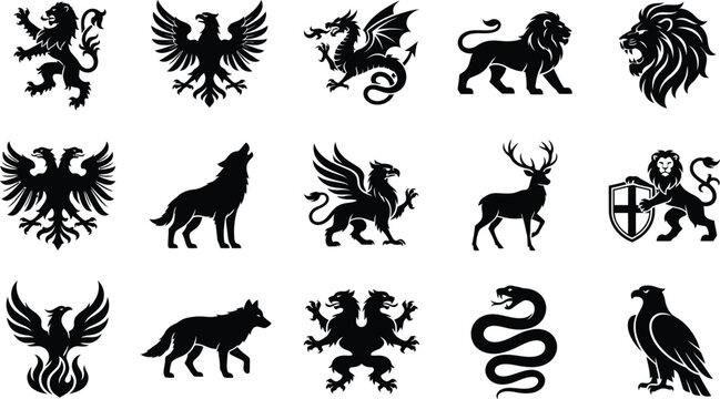Heraldic animal silhouette icons collection featuring lions dragons eagles wolves and mythical beasts on transparent background