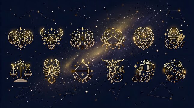 Set of twelve golden zodiac signs on a starry night sky background