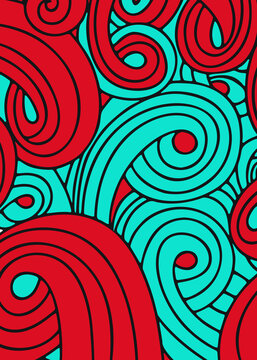 Padr&atilde;o abstrato vibrante com espirais org&acirc;nicas em vermelho, turquesa e preto, formando uma composi&ccedil;&atilde;o geom&eacute;trica moderna para estampas, fundos e design gr&aacute;fico.
