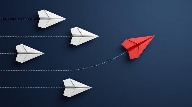 Leadership and Innovation Concept with Red Paper Airplane Leading White Airplanes on Blue Background Representing Competitive Advantage