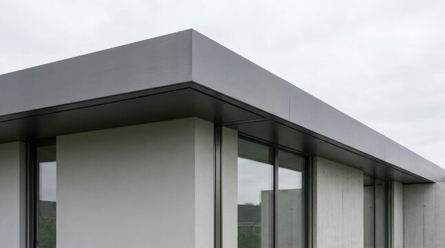 Modern architectural detail of a concrete house facade with flat roof and large windows.