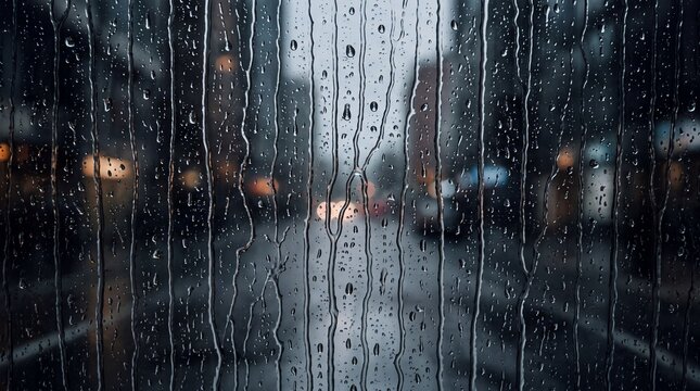 Raindrops on Glass Window Overlooking Blurred Rainy City Street