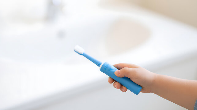 Child hold blue electric toothbrush in bright modern bathroom, daily dental care habit development, personal hygiene routine for young kid