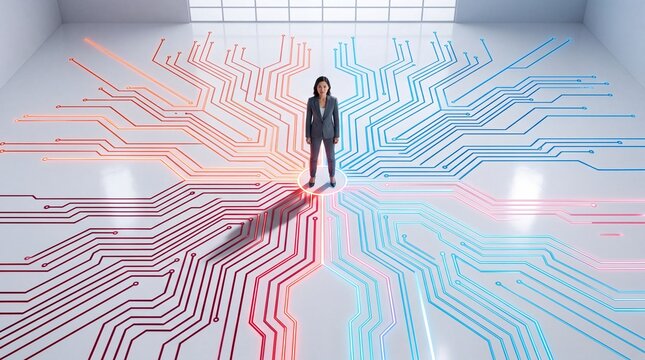 Businesswoman Standing on Glowing Digital Circuit Board Floor