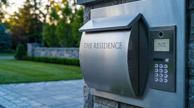 Modern stainless steel residential intercom and mailbox system at home entrance.