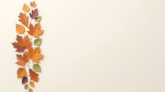 A vertical border of colorful autumn maple leaves isolated on a plain white background for design