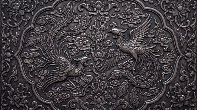 Traditional Chinese Phoenix Relief Carving on Dark Metal