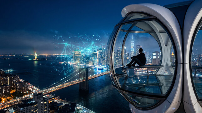 Person in Futuristic Pod Overlooking Connected Smart City Skyline