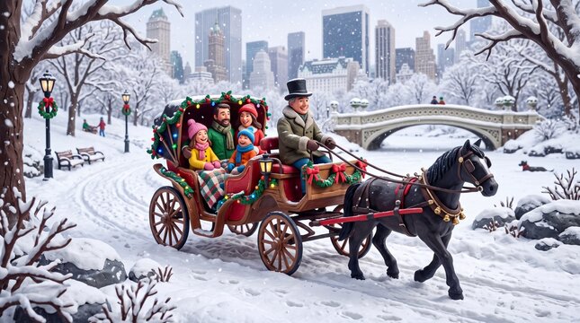 Family Riding Horse-Drawn Carriage in Snowy Winter Park