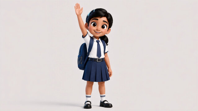 Cute Schoolgirl Raising Her Hand in Class, 3D Cartoon Character for Education Concept