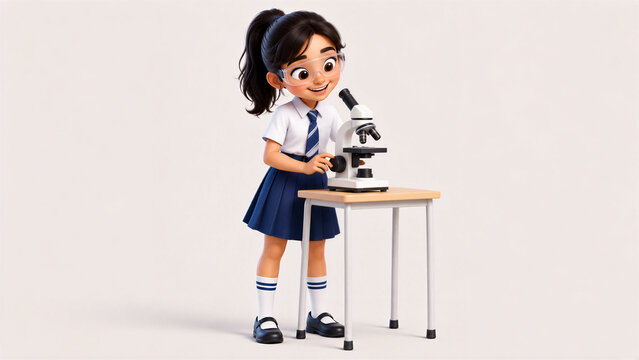 Indian Schoolgirl Science Student Using Microscope, Full Body 3D Character on White Background