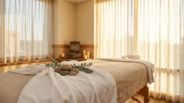 Serene spa treatment room with massage table and natural light.
