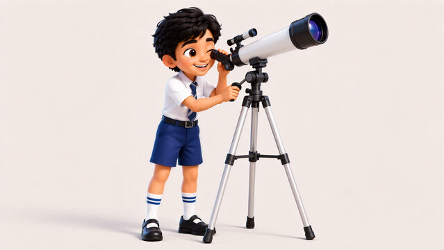 Indian Schoolboy Student Observing the Sky Through a Telescope, Full Body 3D Character on White Background