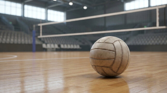 A vintage leather volleyball sitting on a polished wooden court inside a large empty indoor sports arena