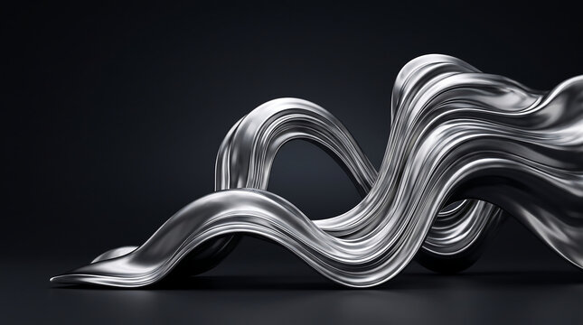 Flowing liquid silver ribbons forming dynamic abstract sculptural curves with abstract metallic sculpture background reflective industrial backdrop minimalist gradient material composition
