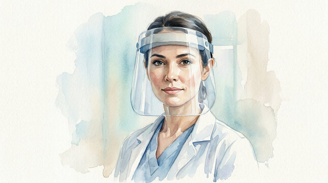 Female healthcare worker wearing a face shield and lab coat  