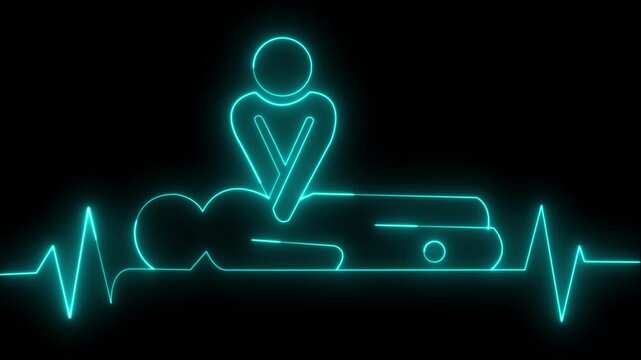 neon heartbeat icon animation. CPR chest compressions showing medical resuscitation technique for training, safety, heartbeat pulse, on medical lifesaving care,motion graph