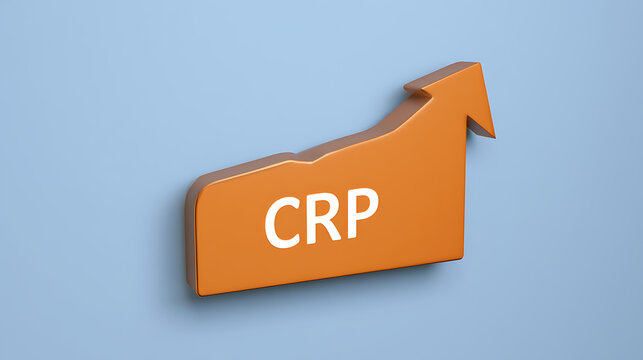 3D render of an orange arrow graph pointing upward with the text CRP, symbolizing financial growth, business success, and market recovery
