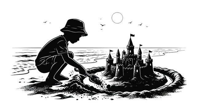 Child building sandcastle with fantasy castle illustration on beach isolated on white background