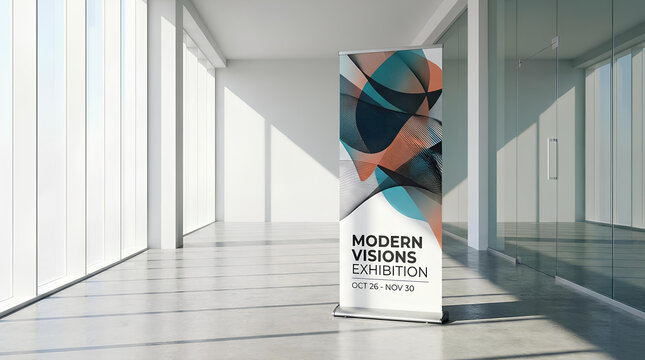 Modern Exhibition Roll Up Banner in Bright Office Hallway