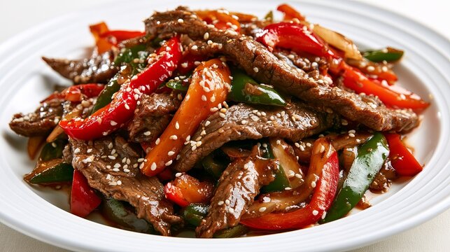 Savory stir-fried beef with vibrant red peppers and green chilies sits elegantly on a white plate, culinary concept