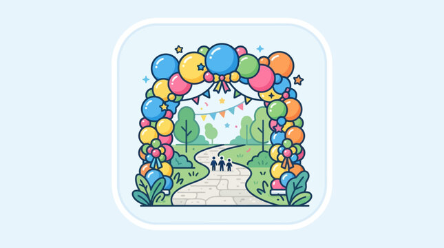 Balloon arch forming an entrance gate over a pathway leading to a celebratory outdoor event.