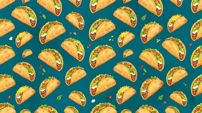 seamless pattern of watercolor crispy tacos filled with lettuce, tomato, cheese