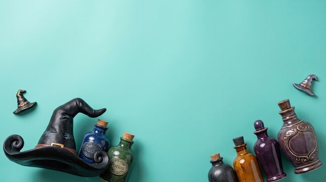 Festive halloween 3d witch hat and potion background featuring colorful magic bottles on a bright teal surface