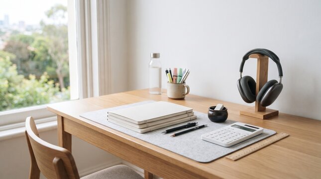 Modern wooden desk setup with study supplies and headphones for remote learning or work