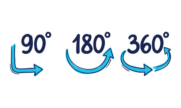 90 degree angle arrow set, 180 degree rotation arrow, 360 degree view circle arrow, geometry rotation symbols, navigation directional icons, modern graphic design element
