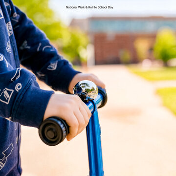 Poster for National Walk & Roll to School Day with child's hand on a blue scooter handlebar with a chrome bell near a school.