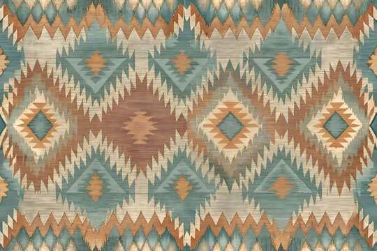 Abstract Southwestern-style patterned design with muted tones of earth tones and sage green. Repeating geometric shapes with a distressed. textured aesthetic.