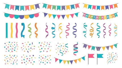 Fototapeta premium Colorful hand drawn birthday party decoration set with balloons, cake, banners and gifts for celebration event design