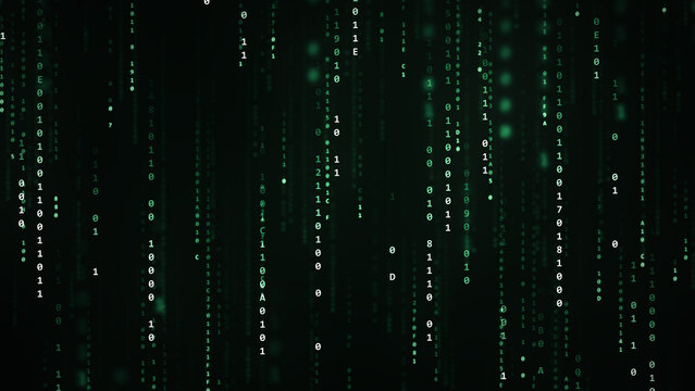 Green binary code rain digital matrix data stream cyber security technology background