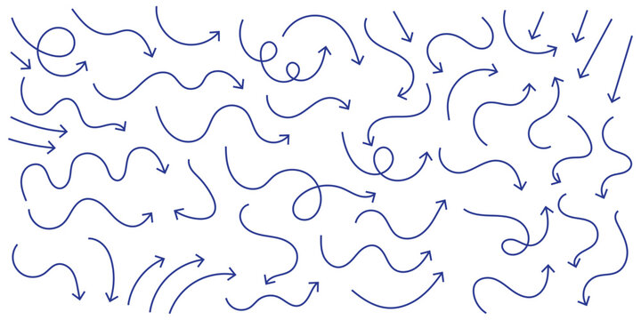Squiggly arrows doodle set. Curve and Spiral comic symbols in sketch style. Hand drawn vector illustration isolated on white background