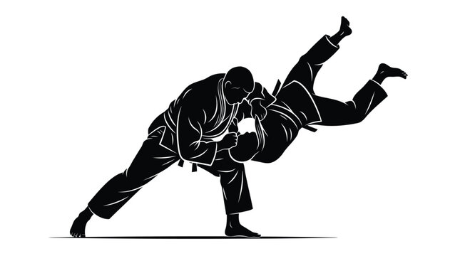 Judo master performing throw technique black silhouette vector graphic isolated on white background