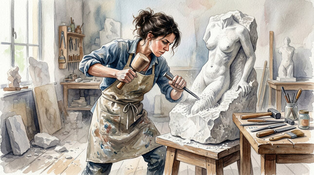 Young woman sculpting marble statue in artist studio with tools  