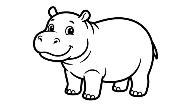 Cute cartoon hippo standing and smiling, black and white line art