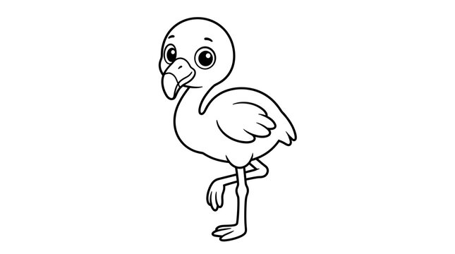 Adorable cartoon baby flamingo standing on one leg black and white outline