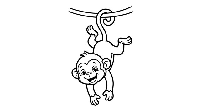 Cute happy cartoon monkey character hanging from a vine line art
