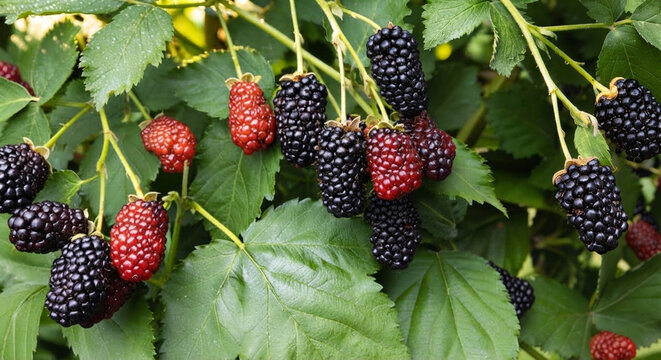 Reife schwarze und rote Brombeeren am Strauch &ndash; Frische Waldbeeren im gr&uuml;nen Laub bei Tageslicht
