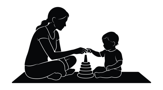 Mother teaching toddler stacking blocks with toy tower in black and isolated on white background