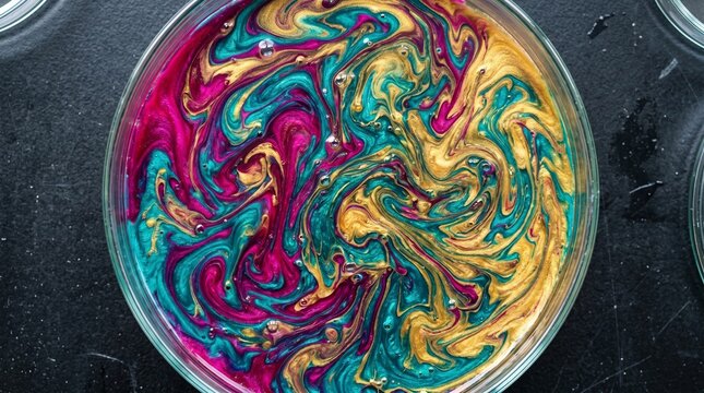 Colorful liquid paint swirling in a dish creating abstract marble patterns and textures.