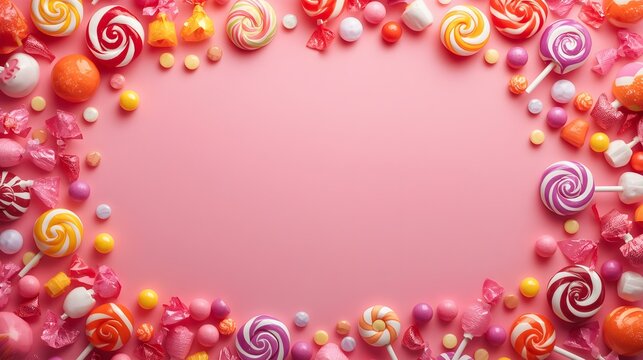 Colorful Sweets and Candies Frame Border on Pink Background with Copy Space