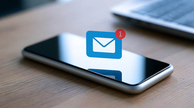 Smartphone on wooden office desk display new email notification message icon with unread counter alert symbol for digital communication