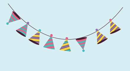 Fototapeta premium Festive colorful birthday party garland hanging with striped cone hats, perfect for happy event invitation cards.