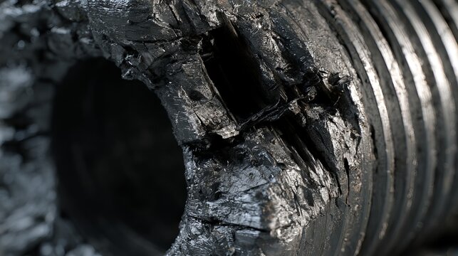 Darkly textured metal pipe showing internal damage, revealing its intricate structure and industrial construction for various uses